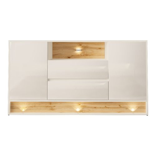 SIDEBOARD 160CM, BRIGHT WHITE COLOUR, WOTAN OAK COLOUR, LED LIGHTING, VISIONARY