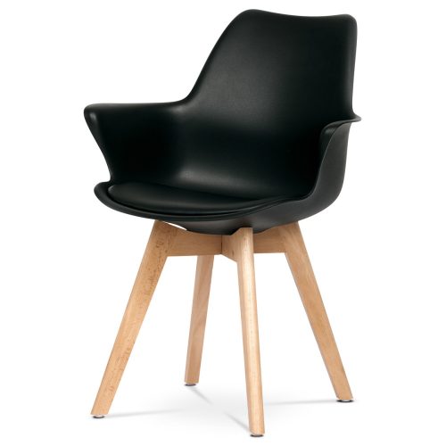 Plastic Dining Armchair in Black Colour with Faux Leather Seat Cushion, Beech Wood Legs. CT-771