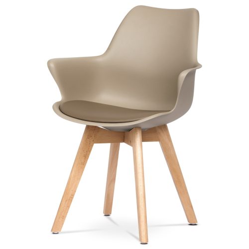 Plastic Dining Armchair Cappuccino Colour with Faux Leather Seat Cushion, Beech Wood Legs. CT-771