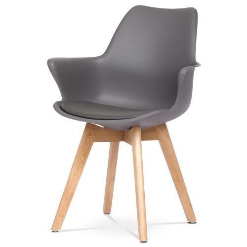 Plastic Dining Armchair in Grey Colour with Faux Leather Seat Cushion, Beech Wood Legs. CT-771