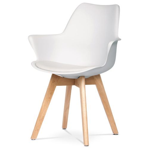 Plastic Dining Armchair in White with Faux Leather Seat Cushion, Beech Wood Legs. CT-771