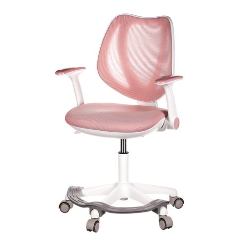 Child and Student Swivel Chair, pink mesh seat, white plastic cross, wheels for hard floor, with footrest. KA-C806