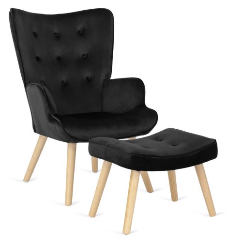 Black Velvet Lounge Armchair with Footrest LOZANO