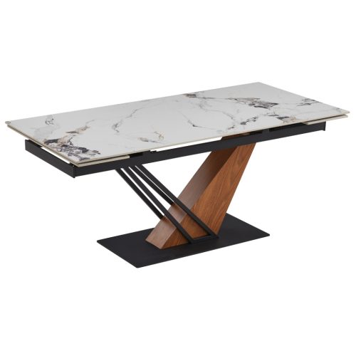 Kihúzható kerámia étkezőasztal 180–240 cm méretben, fehér márvány/tölgy színben REX 2