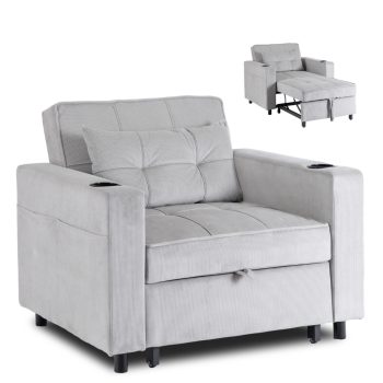 SOLOR Recliner Armchair Grey Corduroy Upholstery