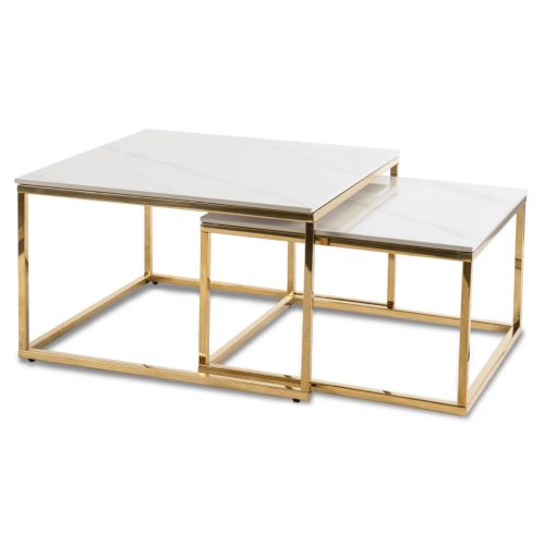 Kerámia dohányzóasztal szett fehér márvány hatású felülettel, arany kivitelben TENOR