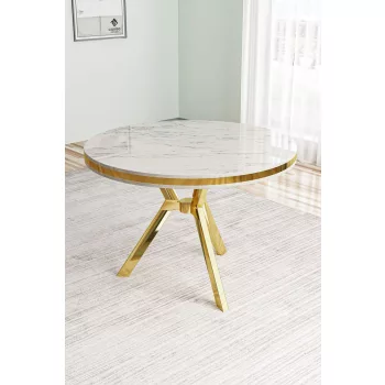 Mos étkezőasztal, fehér márvány-arany, 90 cm