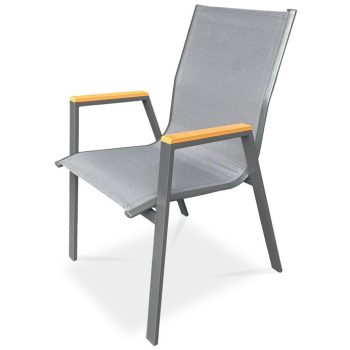   Kerti szék, szürke textilén, szürke fémváz, polywood karfa tölgy dekorral