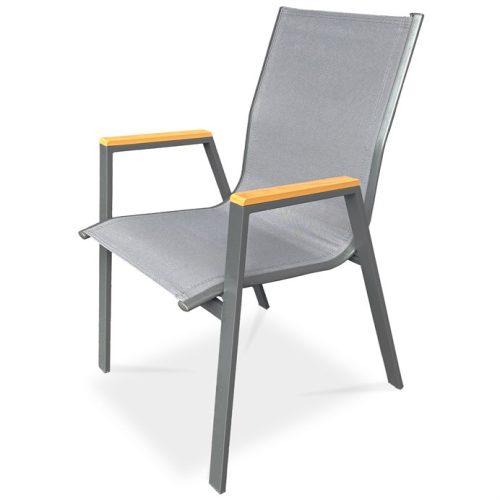 Kerti szék, szürke textilén, szürke fémváz, polywood karfa tölgy dekorral