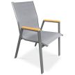 Kerti szék, szürke textilén, szürke fémváz, polywood karfa tölgy dekorral