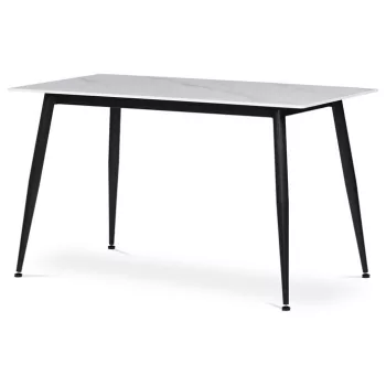   Márványhatású fehér kerámia étkezőasztal fekete fém lábakkal, 130×70 cm ( )