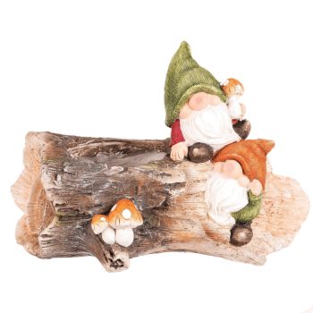   Kerti törpék fatönkön, magnézium dekoráció és virágtartó
