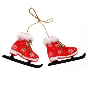 Korcsolya Dísz Fából Készült Piros Színben 