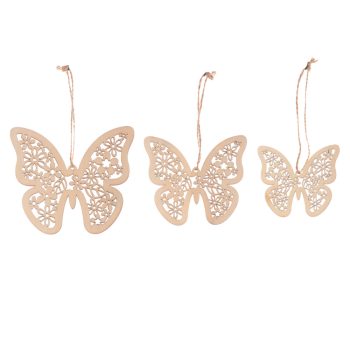 Wooden Butterfly Hanging Decoration Natural 3 pcs