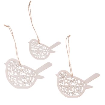   Függeszthető Kismadarak, Fából Készült Tavaszi Dekoráció Virág Mintával,  Fehér Színben. 3 db-os Csomagban. 