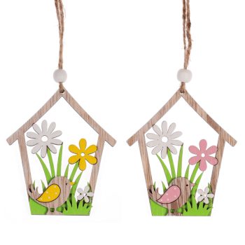 Wooden spring door decoration with birds set of 2