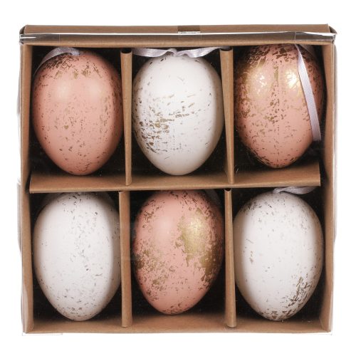 EASTER DECORATION HANGING PLASTIC EGGS WITH GOLD DECORATION, 2 SHADES, 6 PCS/BOX