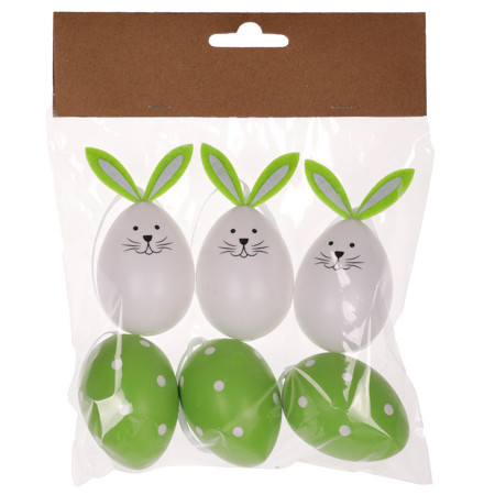 EASTER DECORATION HANGING PLASTIC EGG, BUNNY-SHAPED, GREEN/WHITE, 6 PCS/PACK