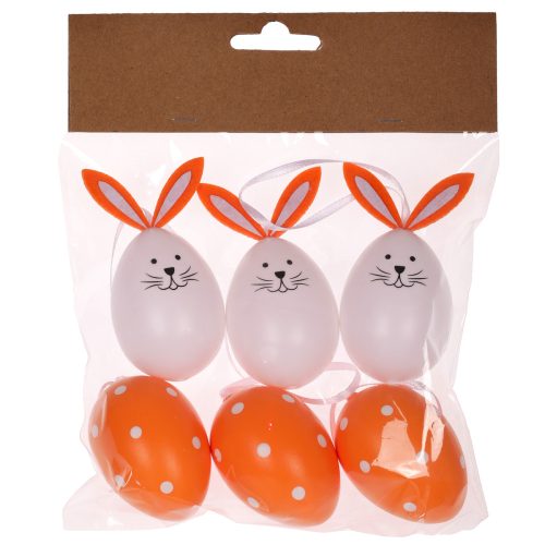 EASTER DECORATION HANGING PLASTIC EGG, BUNNY-SHAPED, ORANGE/WHITE, 6 PCS/PACK