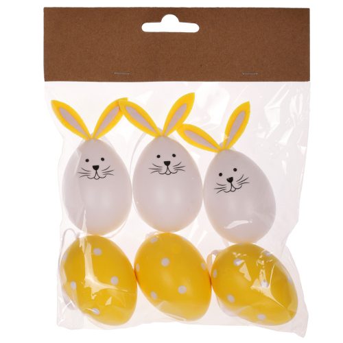 EASTER DECORATION HANGING PLASTIC EGG, BUNNY-SHAPED, YELLOW/WHITE, 6 PCS/PACK