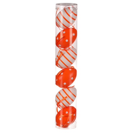 EASTER DECORATION HANGING PLASTIC EGGS, ORANGE/WHITE, STRIPED/SPOTTED PATTERN, 6 PCS/PACK