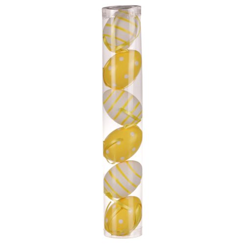 EASTER DECORATION HANGING PLASTIC EGGS, YELLOW/WHITE, STRIPED/SPOTTED PATTERN, 6 PCS/PACK