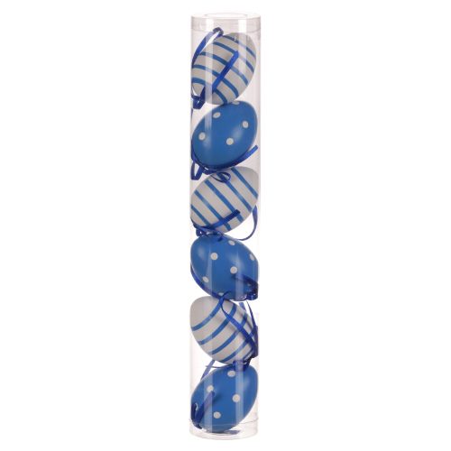 EASTER DECORATION HANGING PLASTIC EGGS, BLUE/WHITE, STRIPED/SPOTTED PATTERN, 6 PCS/PACK