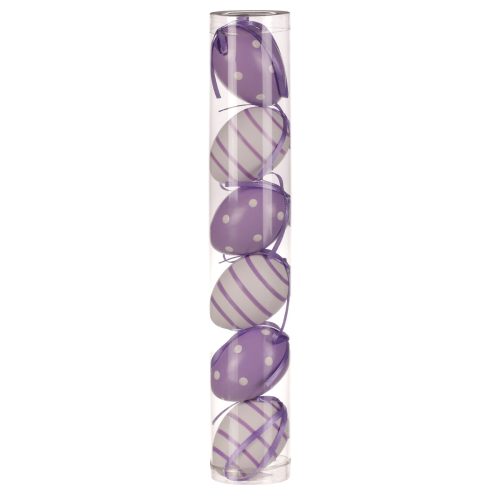 EASTER DECORATION HANGING PLASTIC EGGS, PURPLE/WHITE, STRIPED/SPOTTED PATTERN, 6 PCS/PACK