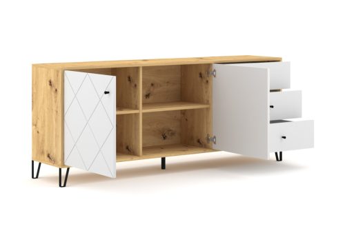 Komód 2 ajtóval és 3 fiókkal Artisan tölgy / fehér matt színkombinációban – BILBAO BL06