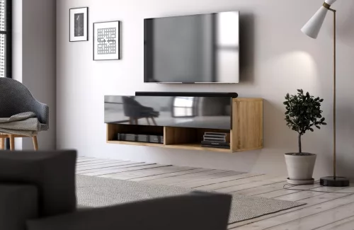 TV Cabinet 100 cm 1-Door Wotan Oak/Black Gloss DERBY