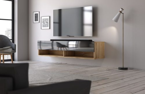 TV szekrény 140 cm 1 ajtós Wotan tölgy / fekete magasfény színkombinációban – DERBY