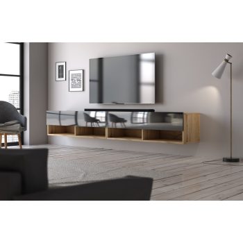   TV szekrény 280 cm 2 ajtós Wotan tölgy / fekete magasfény színkombinációban – DERBY