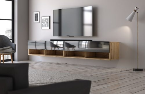 TV szekrény 280 cm 2 ajtós Wotan tölgy / fekete magasfény színkombinációban – DERBY