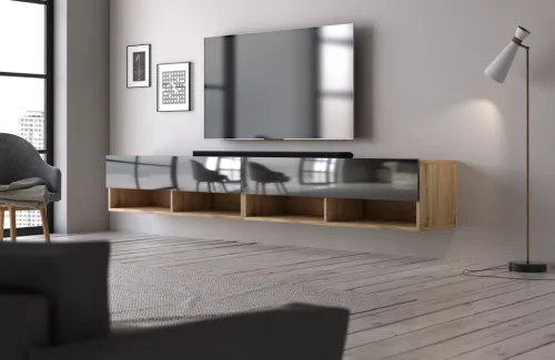 TV Cabinet 280 cm 2-Door Wotan Oak/Black Gloss DERBY