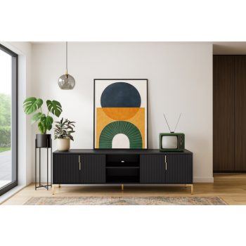   TV szekrény 4 ajtós fekete / fekete matt színkombinációban – FLINN FL01