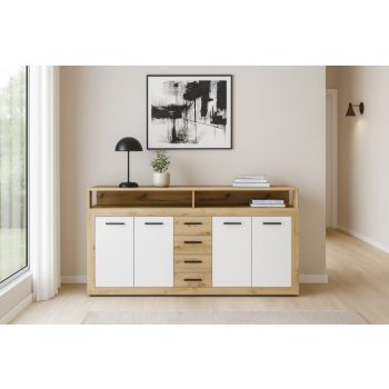   Komód 4 ajtóval és 4 fiókkal Artisan tölgy / fehér színkombinációban – XXL LUNA