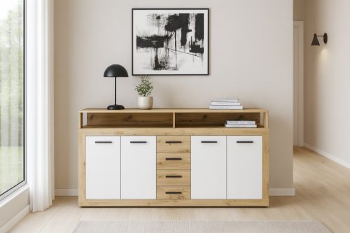 Komód 4 ajtóval és 4 fiókkal Artisan tölgy / fehér színkombinációban – XXL LUNA