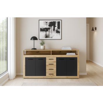   Komód 4 ajtóval és 4 fiókkal Artisan tölgy / fekete színkombinációban – XXL LUNA