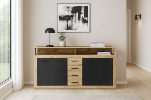 Komód 4 ajtóval és 4 fiókkal Artisan tölgy / fekete színkombinációban – XXL LUNA