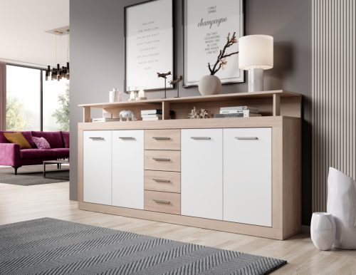 Komód 4 ajtóval és 4 fiókkal Sonoma tölgy / fehér színkombinációban – XXL LUNA