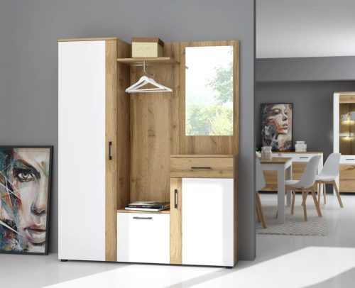 Előszoba bútor szett Artisan tölgy / fehér színkombinációban LED világítással – TRIO