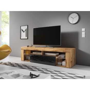   TV szekrény 140 cm Wotan tölgy / fekete magasfény színkombinációban LED világítással – EVEREST HUGO