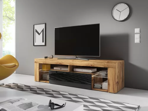 TV Cabinet 140 cm Wotan Oak/Black Gloss with LED EVEREST HUGO